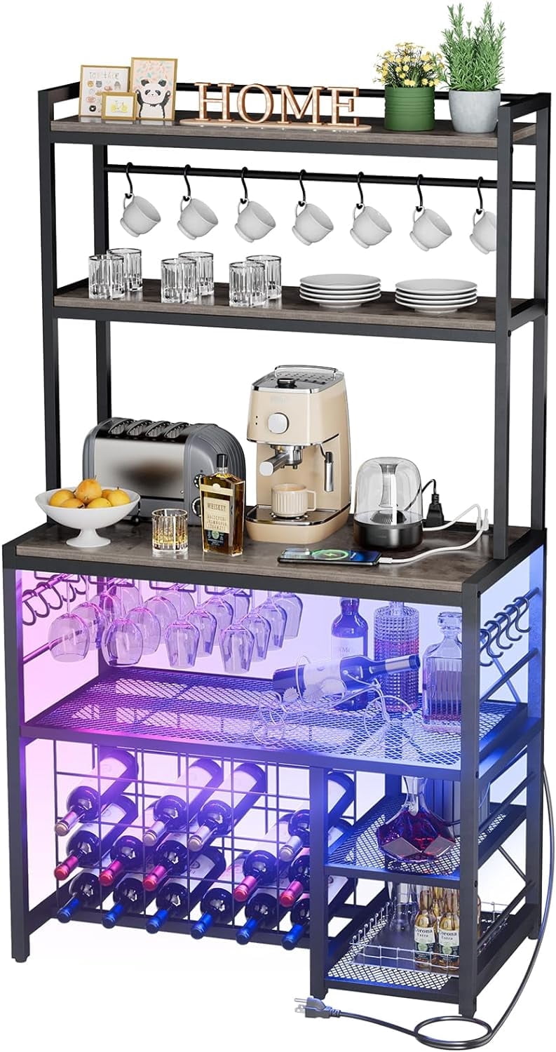 Wine Bar Cabinet with Outlet and LED Light, Freestanding Floor Liquor ...