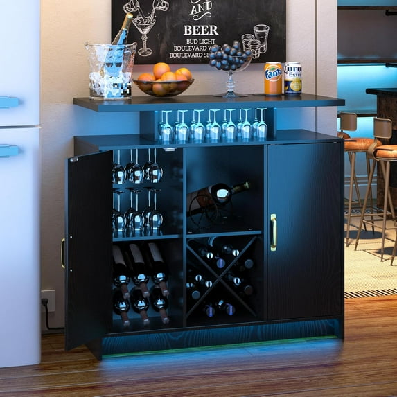 Wine Bar Cabinet with Power Outlet and LED Light, Coffee Bar Cabinet with Wine Rack, Storage Shelves and Cabinets, Large Space Liquor Cabinets for Kitchen Dining Room Living Room, Black