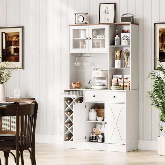 Wine Bar Cabinet with Power Outlets, Barn Doors & Wine Rack, Sideboard Buffet Coffee Bar Cabinet with Glass Holder & Storage for Kitchen, Dining Room, Living Room,White
