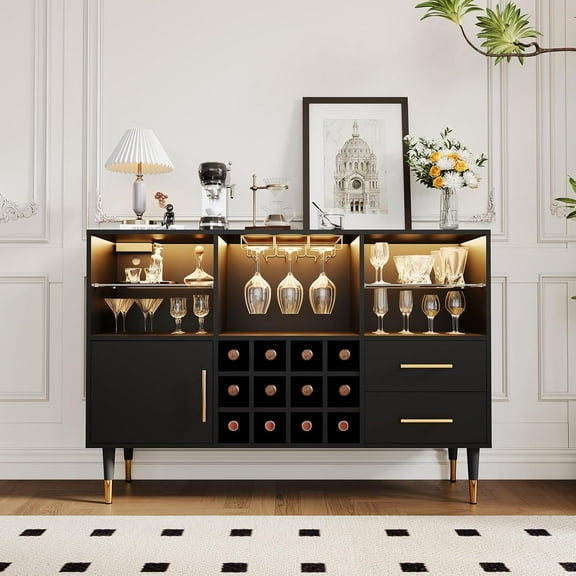 Wine Bar Cabinet with Power Outlets and LED Lights, Liquor Cabinet with Charging Station Wine Rack and Glass Holder, Kitchen Sideboard Buffet with Storage Drawers Coffee Bar for Living Room, Dining