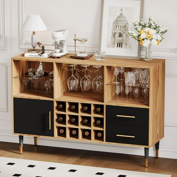 Wine Bar Cabinet with Power Outlets and LED Lights, Liquor Cabinet with Charging Station Wine Rack and Glass Holder, Kitchen Sideboard Buffet with Storage Drawers Coffee Bar for Living Room, Dining