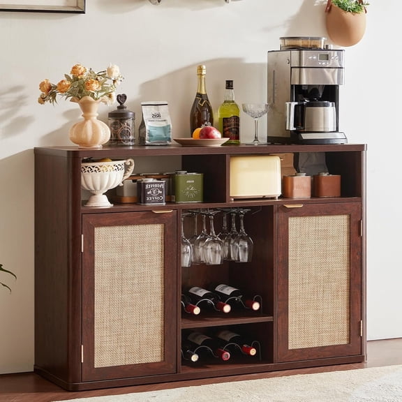 Wine Bar Cabinet with Rattan Doors, Liquor Cabinet Bar with Storage Cabinet, Coffee Cabinet with Bottles and Glass Rack, Buffet Sideboard with Storage Cabinet, Walnut