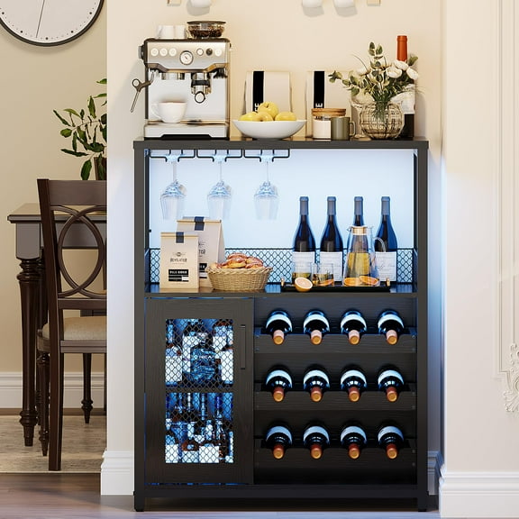 Wine Bar Cabinet With Storage, Coffee Bar Cabinet with Wine Rack and Glass Holder,  Small Sideboard and Buffet Cabinet for Apartment,Bar,Kitchen,Dining Room