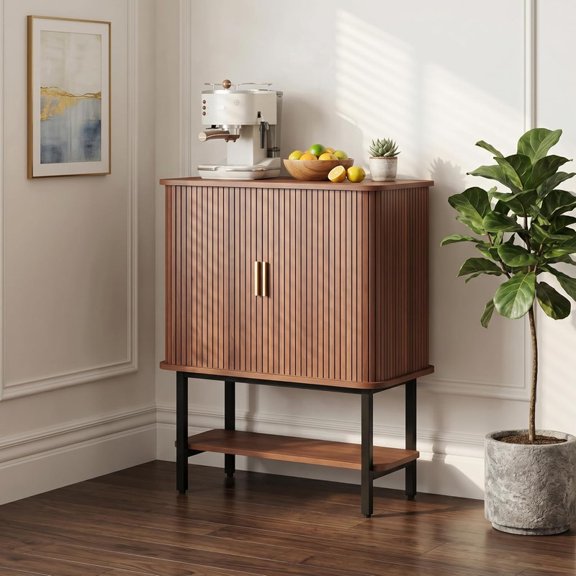 Wine Bar Cabinet With Storage, Fluted Wine Liquor Cabinet With Sliding Doors, Glass Holder And Wine Rack, Small Coffee Bar Cabinet, Buffet Sideboard For Kitchen, Dining Room, Living Room