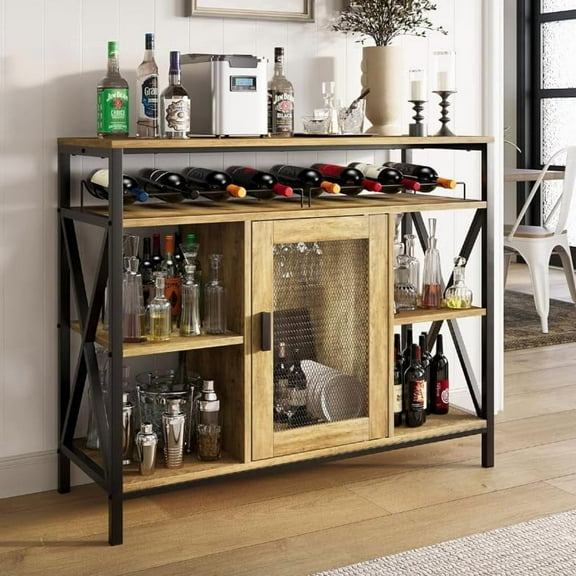 Wine Bar Cabinet with Storage,  Liquor Cabinet with Wine Rack & Glass Holder, Small Wood Metal Cart Bar Alcohol Table Sideboard Buffet for Home Kitchen Living Room, Oak
