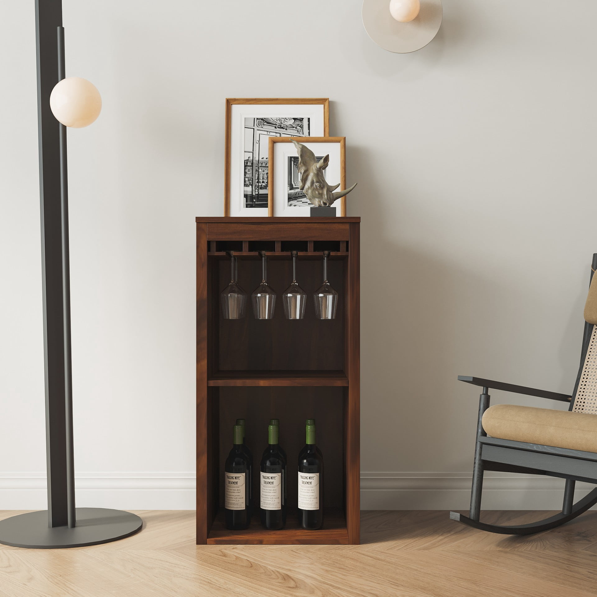 Wine Bar Cabinet with Storage Shelves, Freestanding Buffet Cabinet with Hutch, Modern Wine Storage Organizer for Dining Room Living Room, Walnut Brown