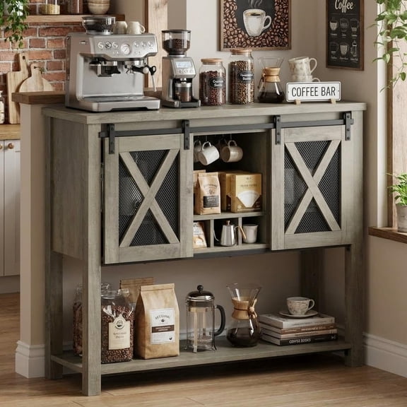 Wine Bar Cabinet with Storage - Sliding Barn Door Kitchen Buffet, Wood Sideboard Console with Wine Rack & Glass Holder for Living & Dining Room as a Coffee Bar, Grey