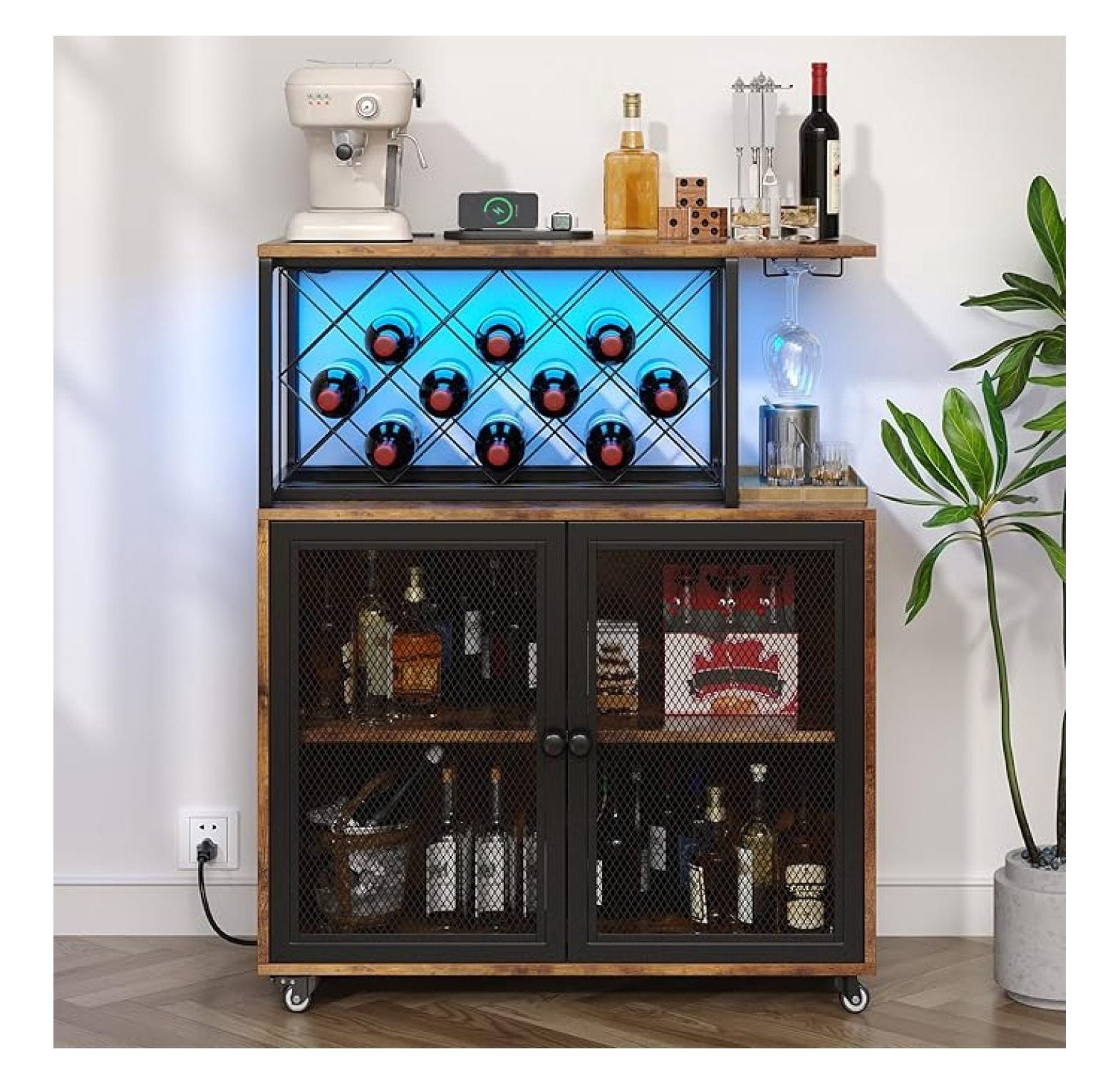 Wine Bar Cabinet with Wheels, 4-Tier Bar Cart with Power Outlets and ...