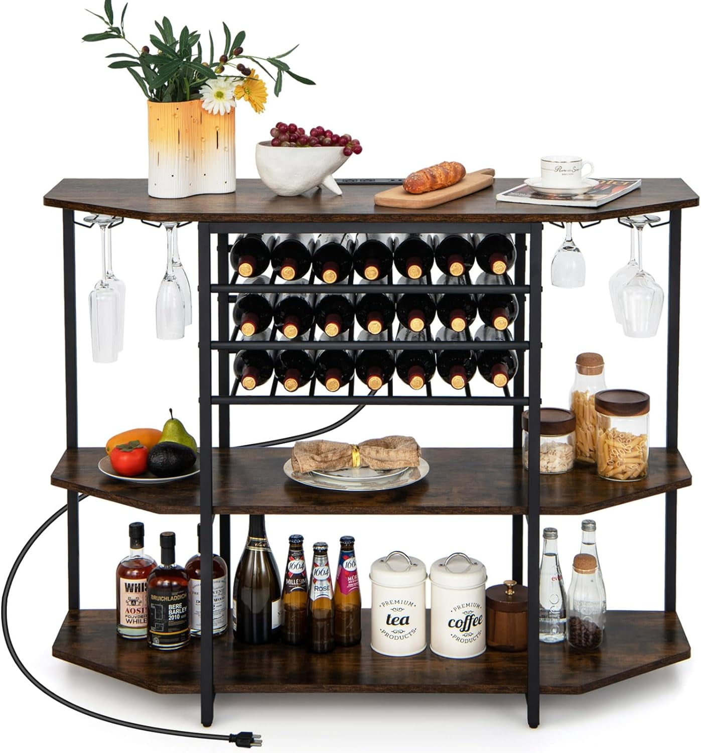 Wine Bar Cabinet with 3 Tier Wine Racks Wine Storage, Glasses Holder, Brown