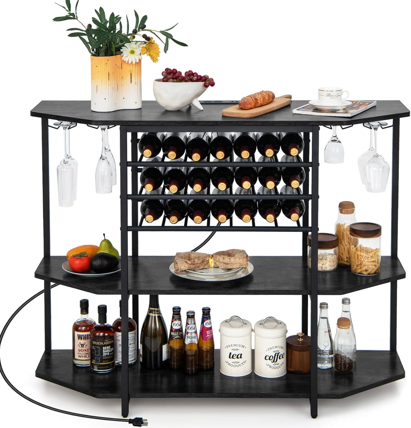 Wine Bar Cabinet with 3 Tier Wine Racks Wine Storage, Glasses Holder, Gray