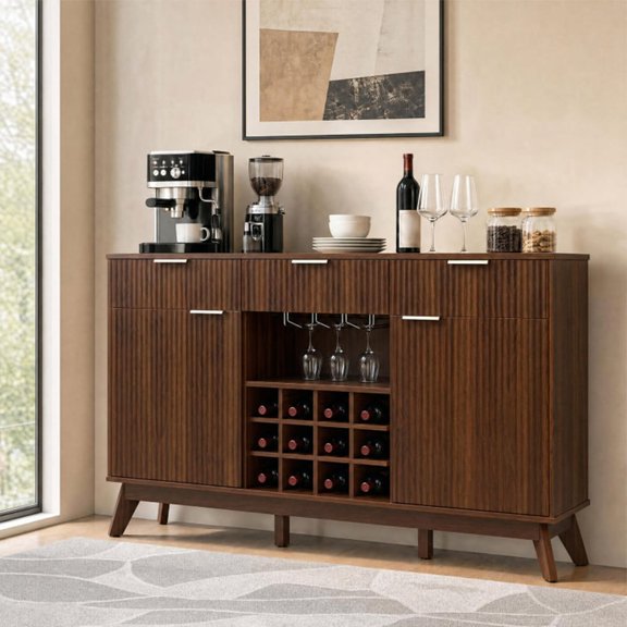 Wine Bar Cabinet with Adjustable Shelves and 2 Doors 3 Glass Holders, Liquor Storage Sideboard with 3 Drawers and 12-Slot Wine Rack for Kitchen