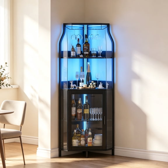 Wine Bar Cabinet with Barn Door, 5-Tier Corner with Adjustable Shelves and Glass Rack for Dining Room, Kitchen, Living Room