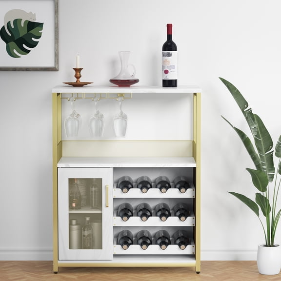Wine Bar Cabinet with Detachable Rack, Glass Holder, Small Sideboard and Buffet Mesh Door, Rustic Brown