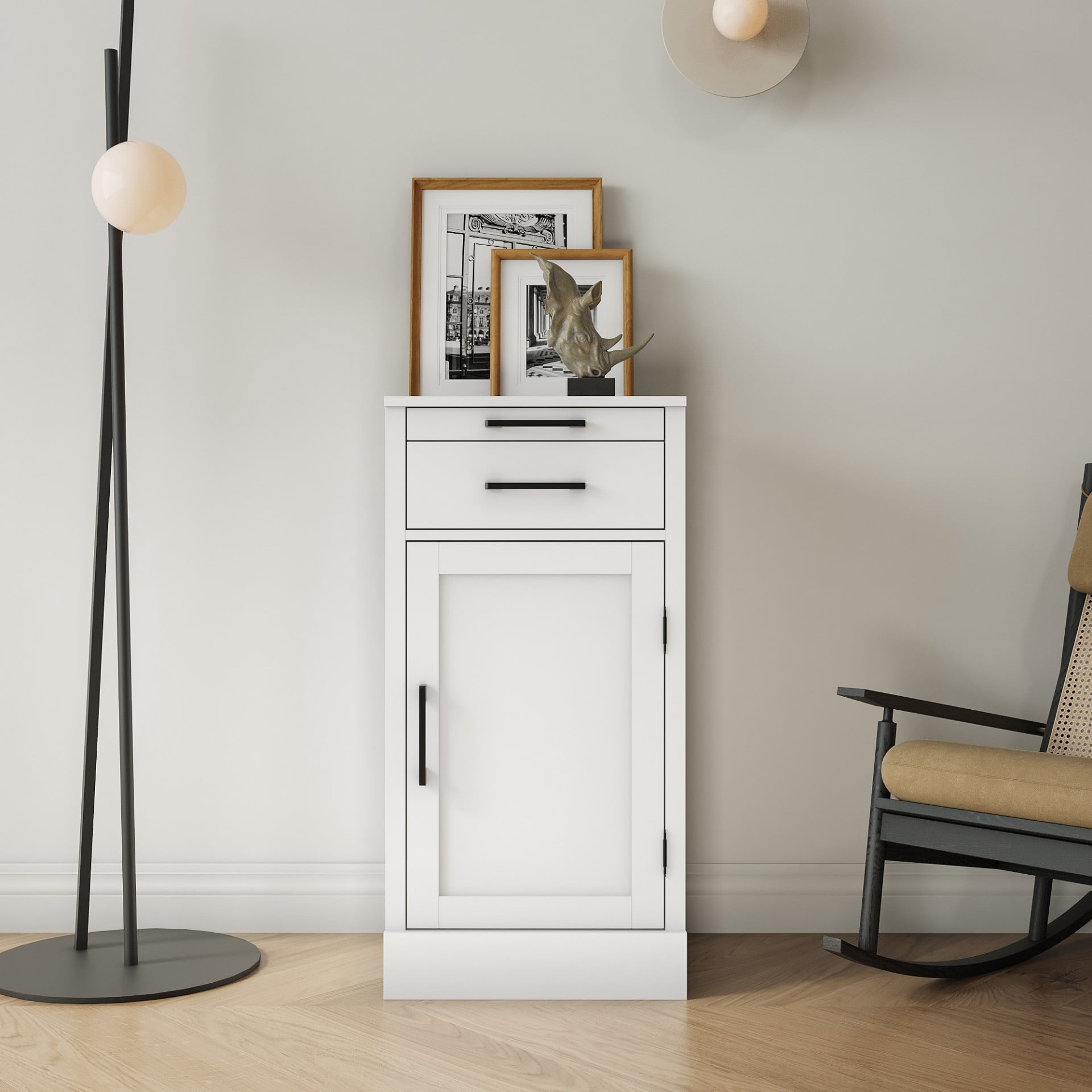 Wine Bar Cabinet with Drawer and Storage Shelf, Freestanding Buffet Cabinet Storage Organizer for Dining Room Living Room, White