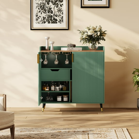 Wine Bar Cabinet with Fluted Glass Doors & Wine Rack - Small Modern Sideboard Buffet for Dining Room, Living Room, Kitchen Coffee Bar