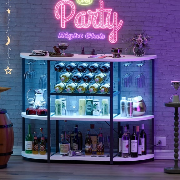Wine Bar Cabinet with LED Lights and Outlet 4-Tier Storage Freestanding Liquor Bar Table for Home