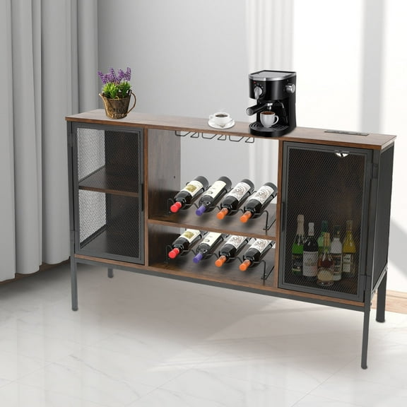 Wine Bar Cabinet with Outlet & Door, Home Corner Liquor Rack Shelves Pantry - Rustic Brown