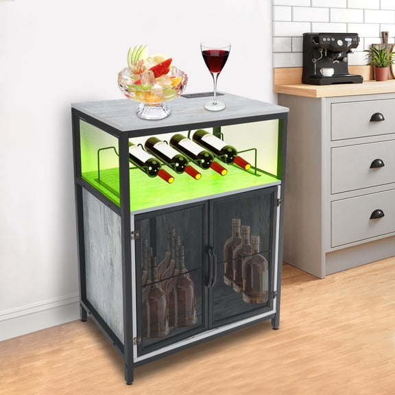 Wine Bar Cabinet with RGB Light and Outlet, FreeStanding Wine Rack Table, Liquor Cabinet with Glass Holder
