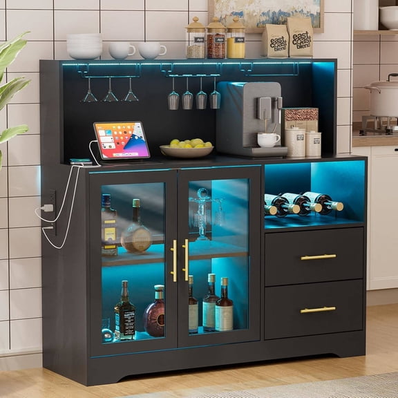 Wine Bar Cabinet with RGB Lights, Wine Rack, Glass Holders, USB Power Outlets, and Drawers for Home, Kitchen, or Living Room (Black)