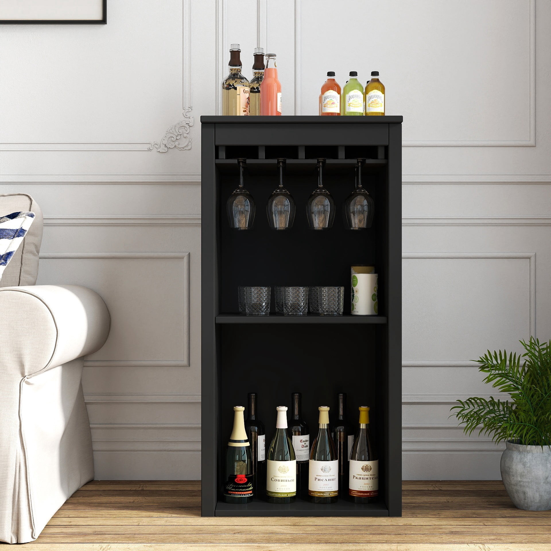 Wine Bar Cabinet with Storage Shelves, Freestanding Buffet Cabinet with Hutch, Modern Wine Storage Organizer for Dining Room Living Room, Black