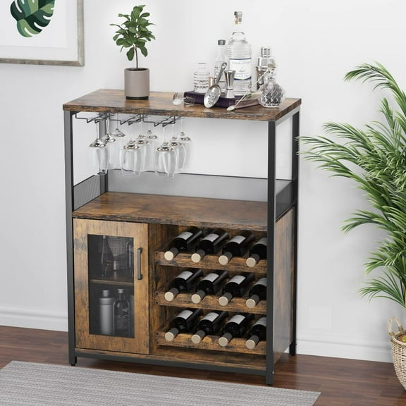 RONSHIN Wine Bar Cabinet with Wine Rack & Glass Holder, Modern Wine Cabinet with Mesh Door, Industrial Sideboard Buffet for Home Bar