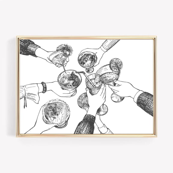 Wine Bar Cart Cocktail Line Art Wall Decor, Unframed Canvas 12x16in