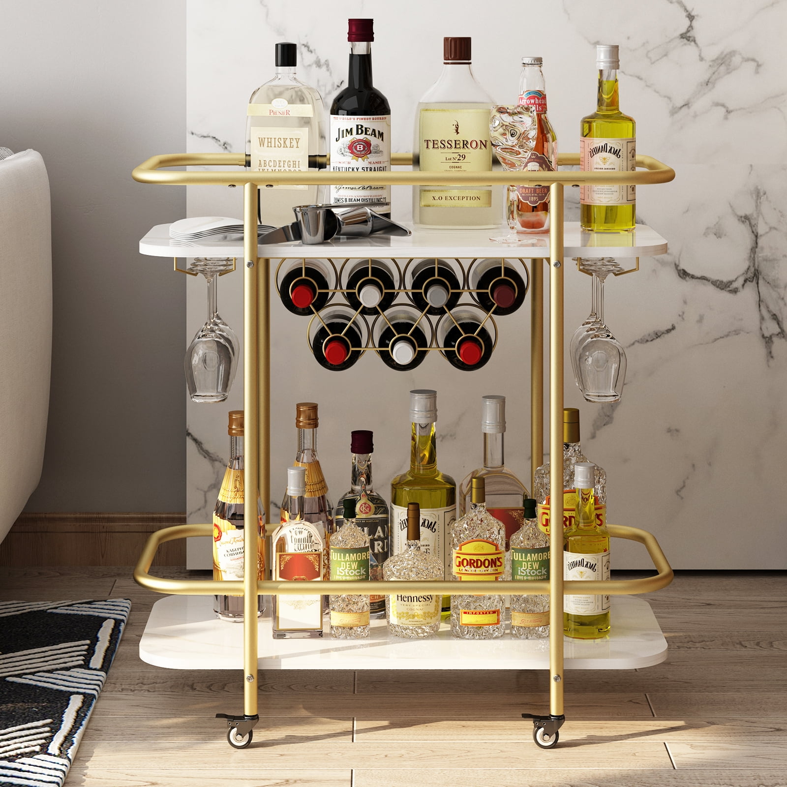 Wine Bar Cart, Small Rolling Serving Cart with Wine Rack and Glass ...