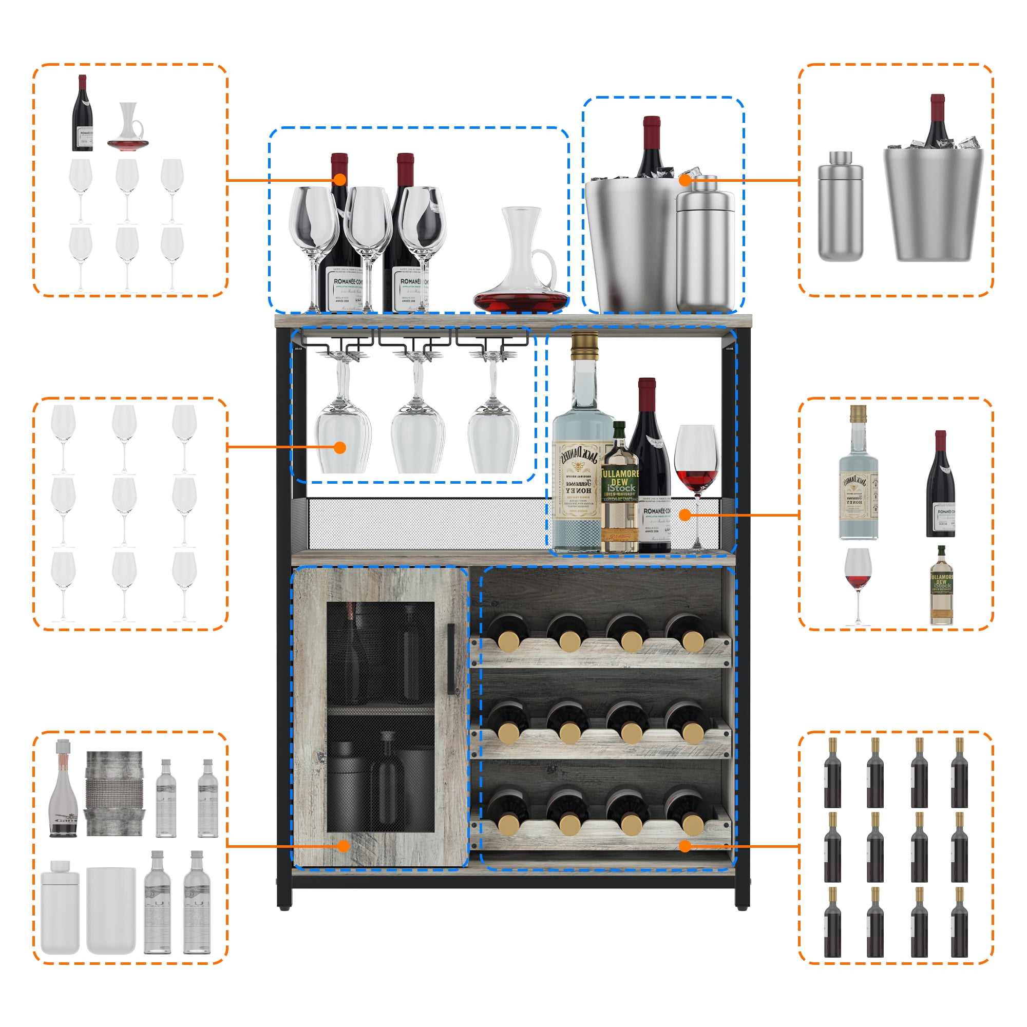 Wine Bar Rack Cabinet with Detachable Wine Rack, Bar Cabinet with Glass ...
