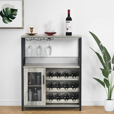 Wine Bar Rack Cabinet with Detachable Wine Rack, Bar Cabinet with Glass Holder, Small Sideboard and Buffet Cabinet with Mesh Door, Rustic Brown (Grey)