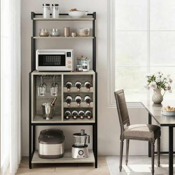 Wine Bar Rack Cabinet, Freestanding Wine Cabinet with Glass Rack Wine Bottle Holders, Industrial Bakers Rack, Tall Liquor Cabinet with Storage for Kitchen Living Dining Room, Rustic Gray