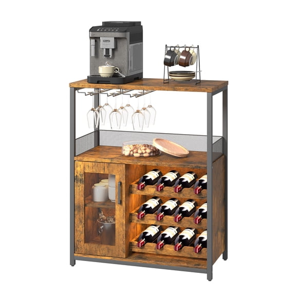 Wine Bar Rack Cabinet, with Glass Holder, Industrial Sideboard and Buffet Cabinet with Glass Tray and Mesh Doors, Adjustable Shelves for Dining, Living Room