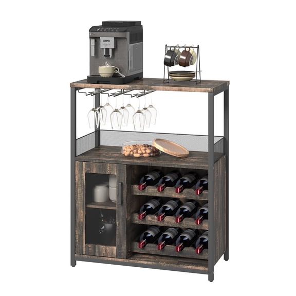 Wine Bar Rack Cabinet, with Glass Holder, Industrial Sideboard and Buffet Cabinet with Glass Tray and Mesh Doors, Adjustable Shelves for Dining, Living Room