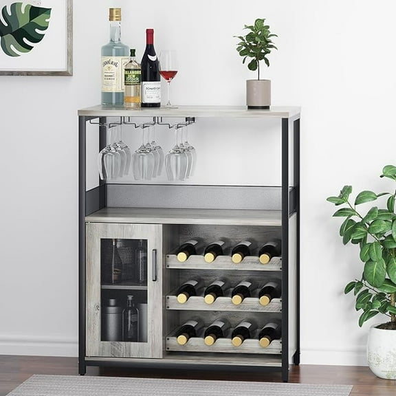 Wine Bar Rack Cabinet with Detachable Wine Rack, Bar Cabinet with Glass Holder, Small Sideboard and Buffet Cabinet with Mesh Door (Gray)