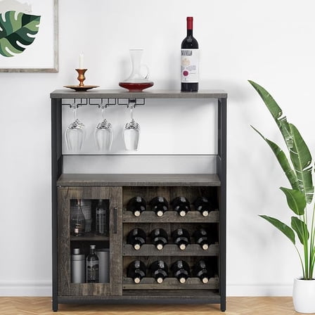 Wine Bar Rack Cabinet with Detachable Wine Rack, Bar Cabinet with Glass Holder, Small Sideboard and Buffet Cabinet with Mesh Door (Wood)