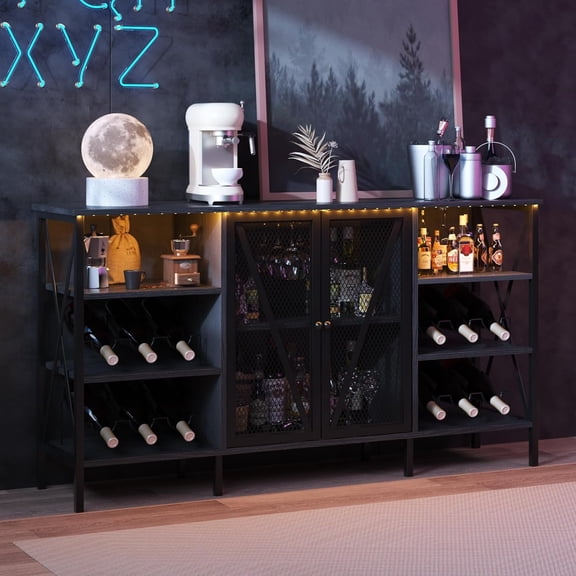 Wine Bar Storage Cabinet with Bottle Rack and Stemware Holder, Rustic Home Coffee Bar with LED Lighting, Metal Buffet Sideboard, Liquor Console Cabinet with Mesh Door for Living Room, 55.12"Black