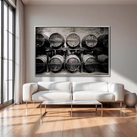 Wine Barrels stacked in the Winery Wall Art Black and White Print Farmhouse Wall Decor Vineyard Print Winery Gift Restaurant Poster Decor, Unframed Poster Size 8x12