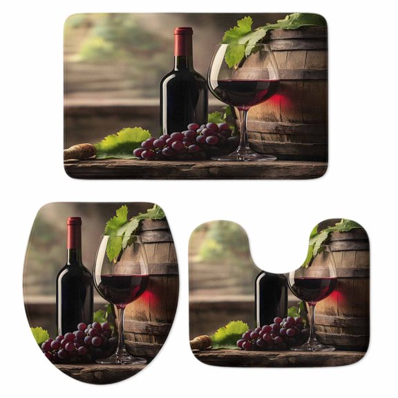 Wine Bathroom Rugs Set Grapes Barrel Non Slip Absorbent Soft Bath Mats 3 Piece Set with Bathroom Rug, U-Shaped Floor Mat, Toilet Seat Cover Small Size