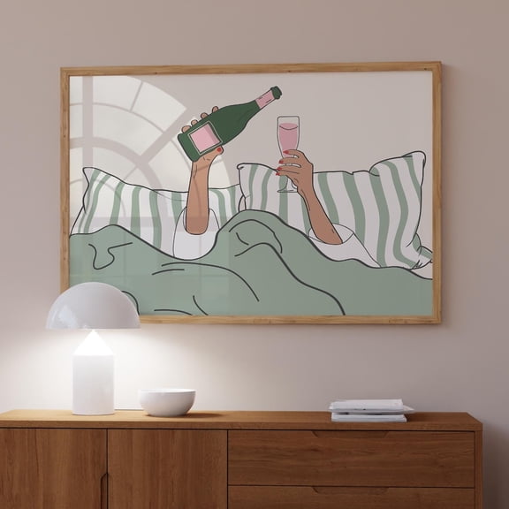 Wine In Bed Poster Green Above Bed Horizontal Art, Trendy Green Bedroom Print Art Bar Cart Decor, Woman Drinking Wine In Bed Art UNFRAMED PAPER POSTER, Home Decor, Vintage Gift, Living Room Dercor