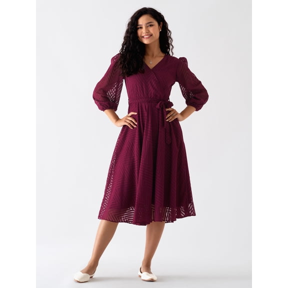 Wine Berry Chiffon Brasso Swiss Dot V-Neck Dress