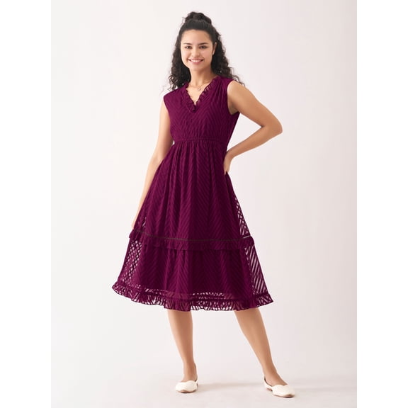 Wine Berry Chiffon Brasso Swiss Dot V-Neck Dress