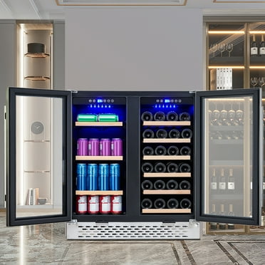 Wine and Beverage Refrigerator, 30 Inch Dual Zone Wine Cooler with Glass Door, Built in/Freestanding Under Counter Wine Fridge Hold 28 Bottles and 80 Cans, with Digital Temperature Control/Lock
