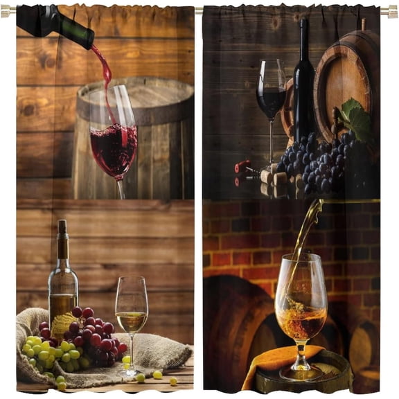 Wine Blackout Window Curtains, Farm Vintage Glasses Romantic Grape Rustic Fruit Rod Pocket Curtains, for Kitchen Living Room Bedroom 84x84in 2 Panels