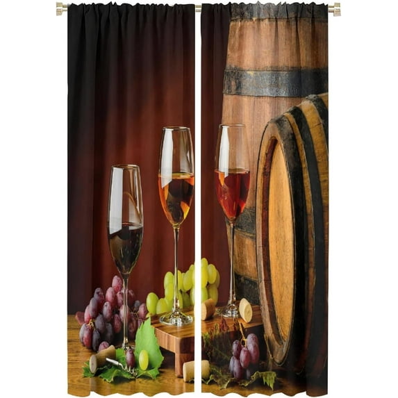 Wine Blackout Window Curtains, Glasses of Red Wine Grapes on Wooden Table French Gourmet Tasting Romantic Brown Barrels Rod Pocket Curtains, for Kitchen Living Room Bedroom 42x63in 2 Panels