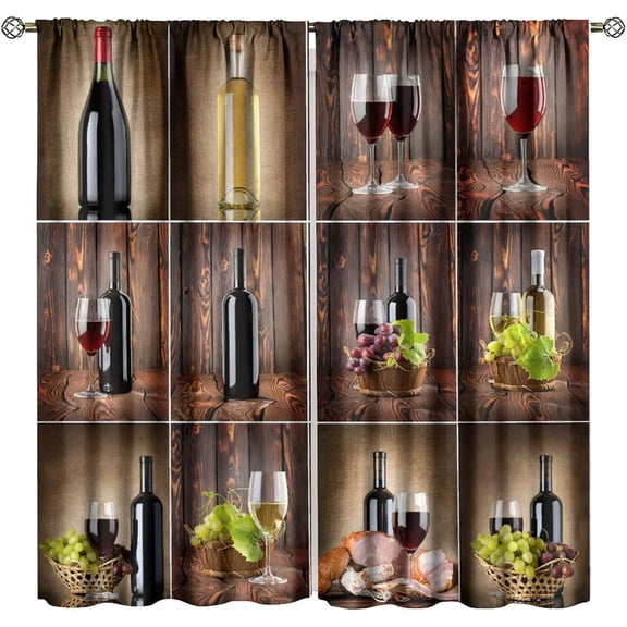 Wine Blackout Window Curtains, Wine Themed Collage on Wooden Rustic Window Drapes, for Kitchen Living Room Bedroom 72x63in 2 Panels