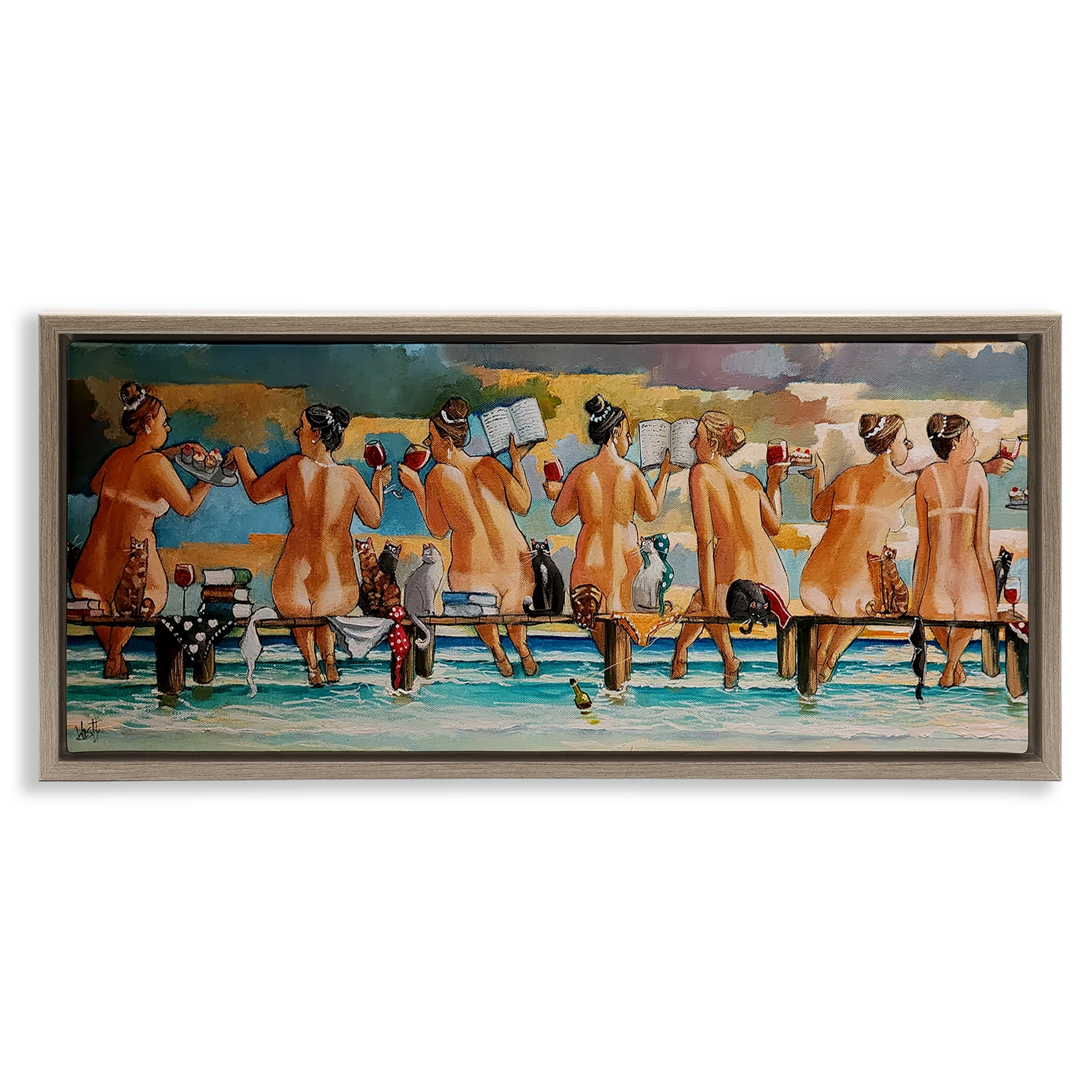 Wine, Books And Cats Jetty Brown Framed Floater Canvas Wall Art, design by Ronald West