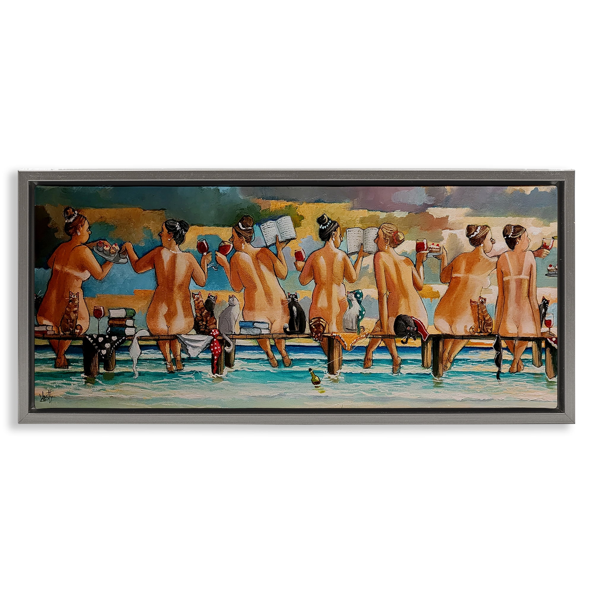 Wine, Books And Cats Jetty Gray Framed Floater Canvas Wall Art, design by Ronald West