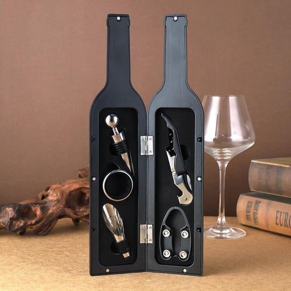 Wine Bottle Accessories Gift Set - Wine Bottle Opener Kit Bottle Opener, Screw, Stopper, Inflator, Foil Cutter, Drop Ring with Drink Sticker Kato, Great Valentine's Day Gift (black)
