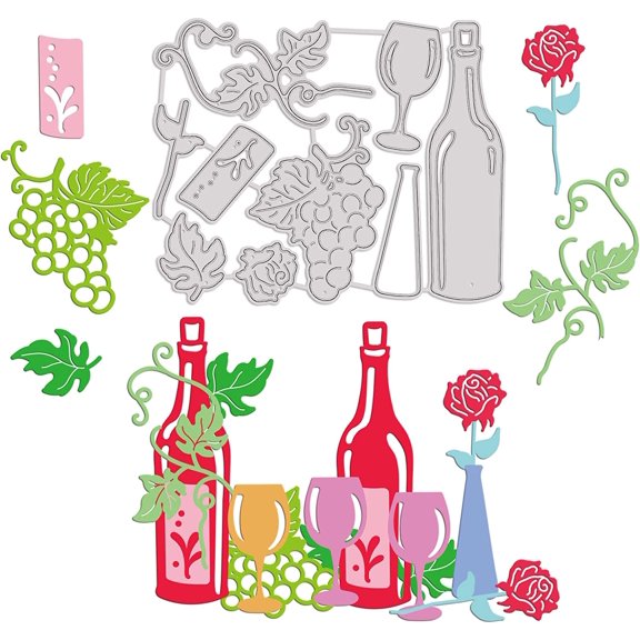 Wine Bottle Cutting Dies Wine Glass Die Cuts for DIY Scrapbooking Easter Birthday Mother Day Valentine Cards Making Album Envelope Decoration Matte Platinum Color 1pc