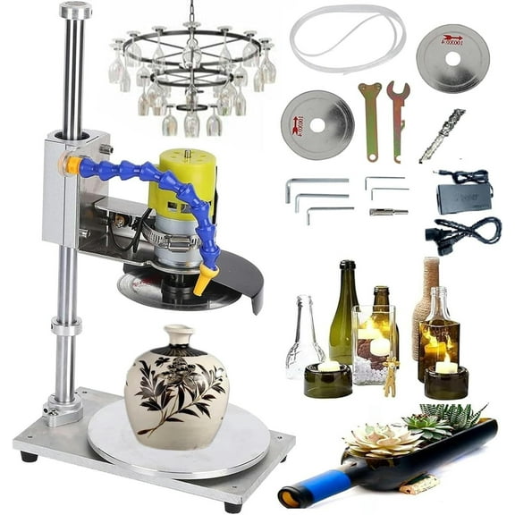 Wine Bottle Cutting Tool Kit, 6000RPM Stainless Steel Glass Bottle Cutter, with 2pcs 4 Inch Cutting Blade, Ceramic Flower Pot Hole Punching Machine, for DIY Creative