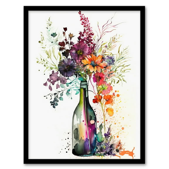 Wine Bottle Flowers Watercolour Painting Orange Pink Purple Spring Flower Blooms Art Print Framed Poster Wall Decor 12x16 inch